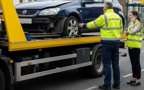 Damaged car being recovered by accident claim management company in UK