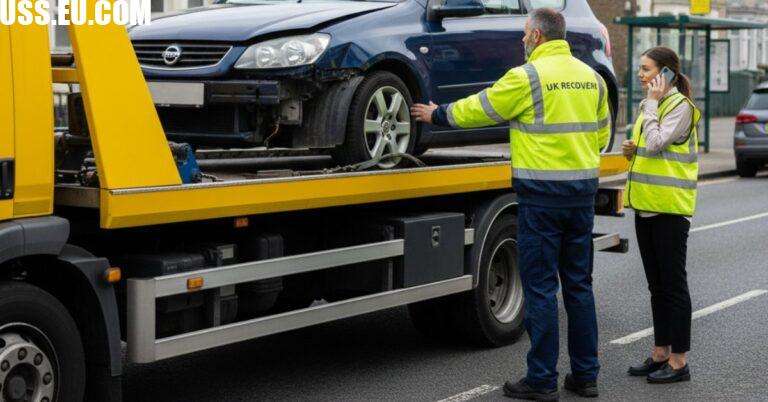 Damaged car being recovered by accident claim management company in UK