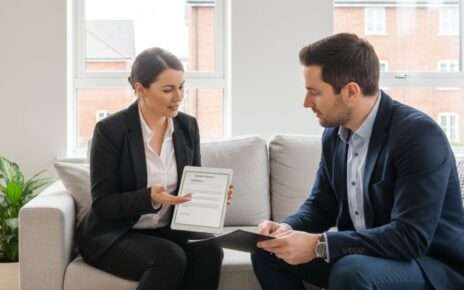 Property manager consulting landlord inside rental property in Croydon