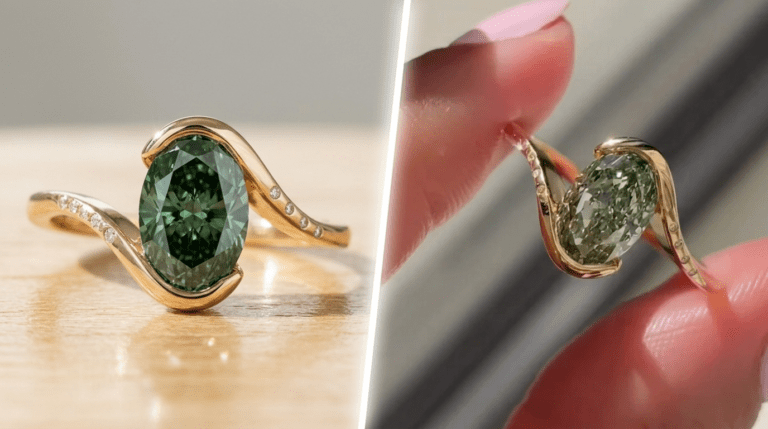 Oval green diamond ring with curved yellow gold band and small accent diamonds on a modern designer setting.